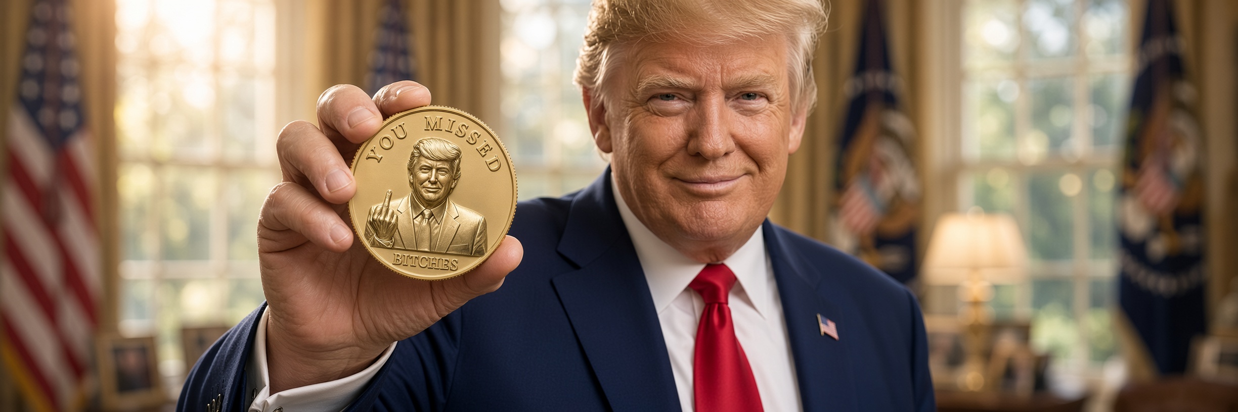 Trump holding up the You Missed Bitches gold coin